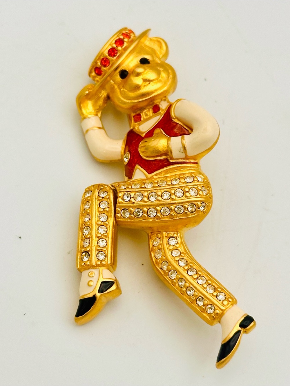 VINTAGE BOB MACKIE ENAMELED ARTICULATING HIGH KICK DANCING BEAR BROOCH